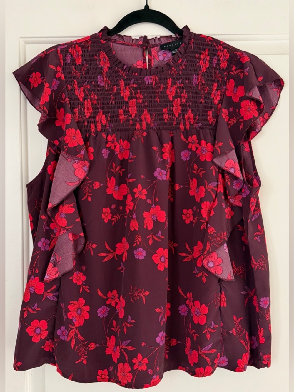 Sanctuary Plum Floral Smocked Flounced Cap Sleeve Top with Red & Purple Blossoms